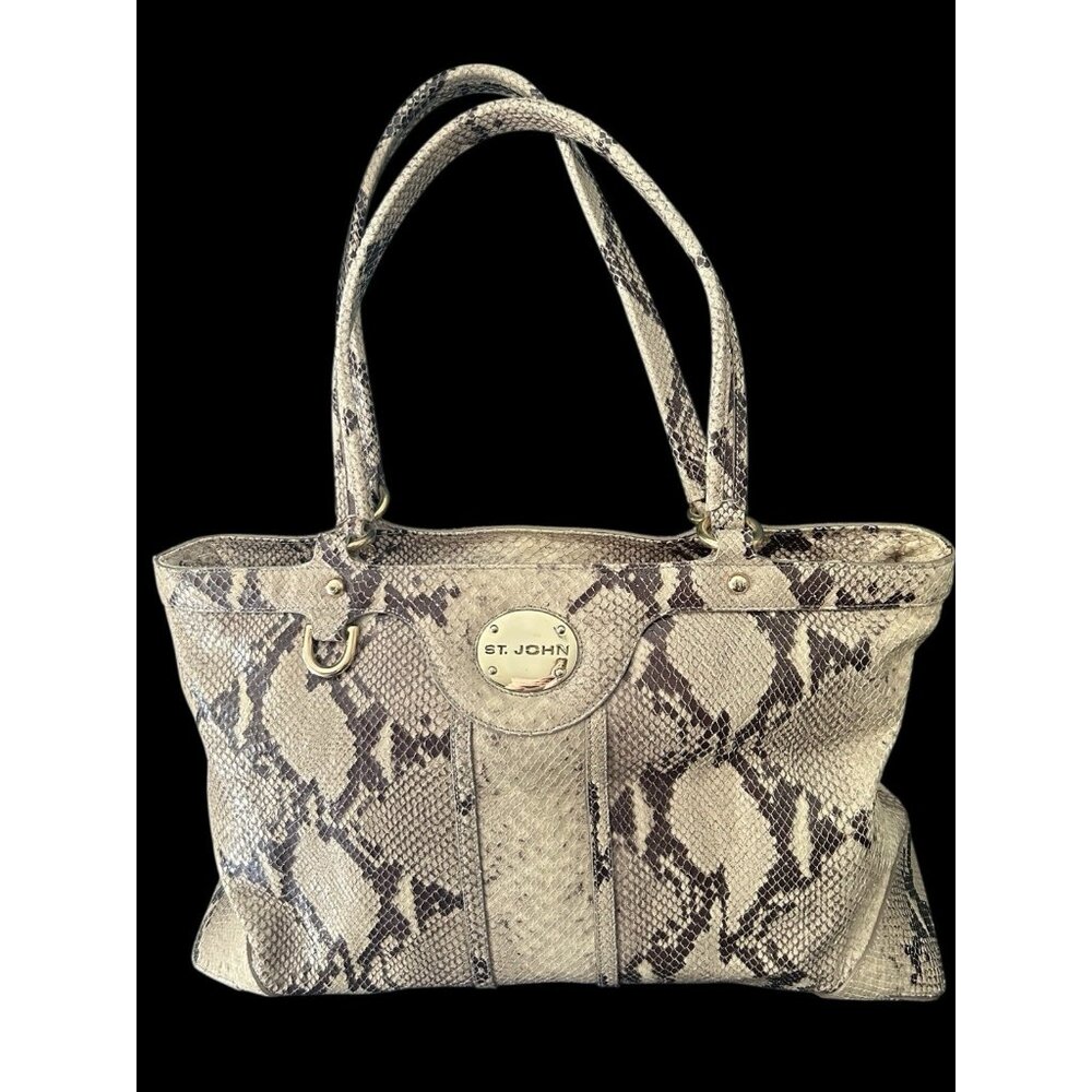 St John PYTHON Snakeskin Tote Handbag 16"x10"x6" Purse Double Handle Vintage Y2K